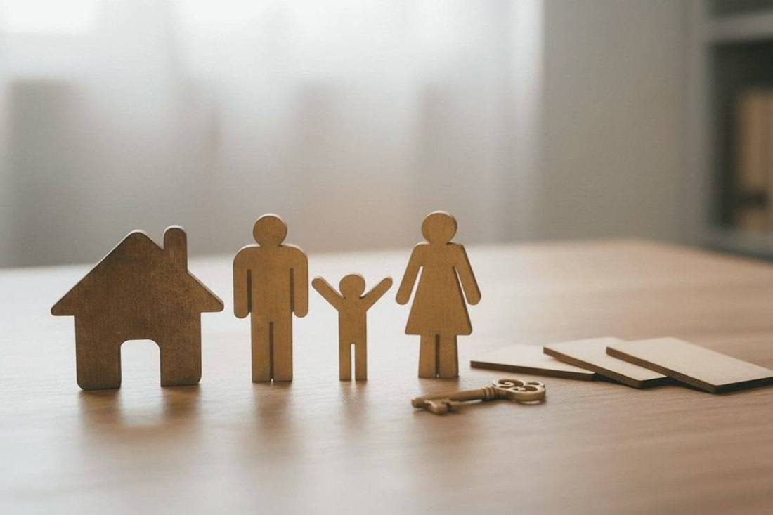 Small wooden family figures beside a model house