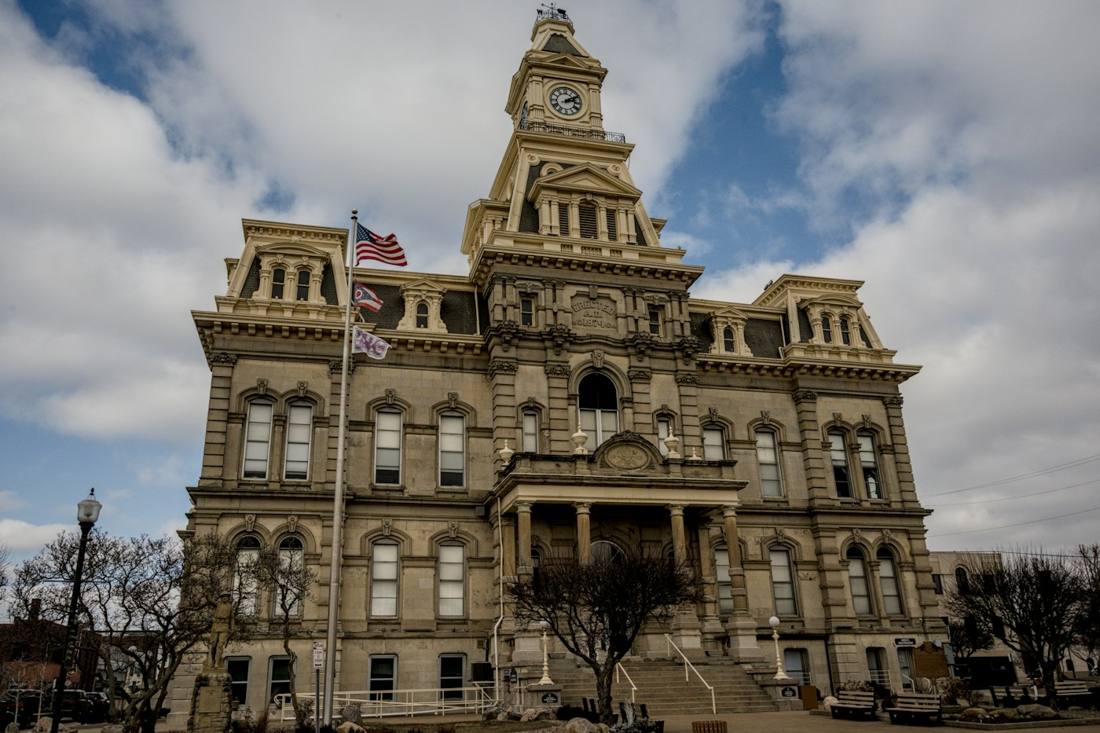 A historic county courthouse with a clock tower