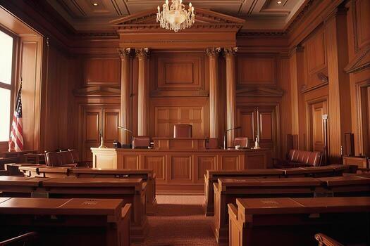 An empty courtroom with wood-paneled walls