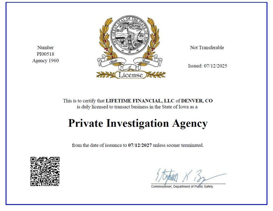 Lifetime Financial LLC Iowa Private Investigation Agency license