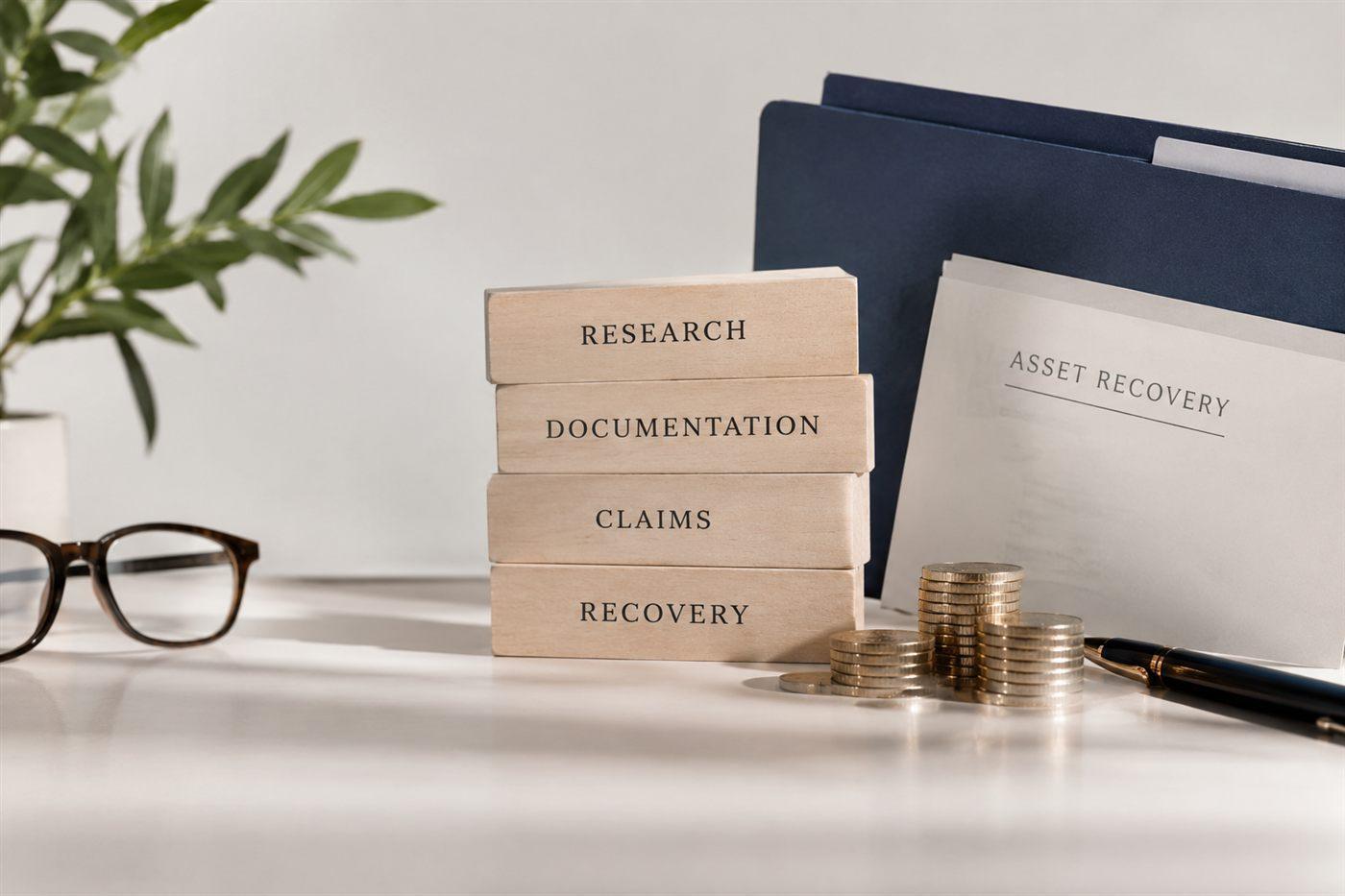 Wooden blocks labeled research, documentation, claims, and recovery beside a folder and coins